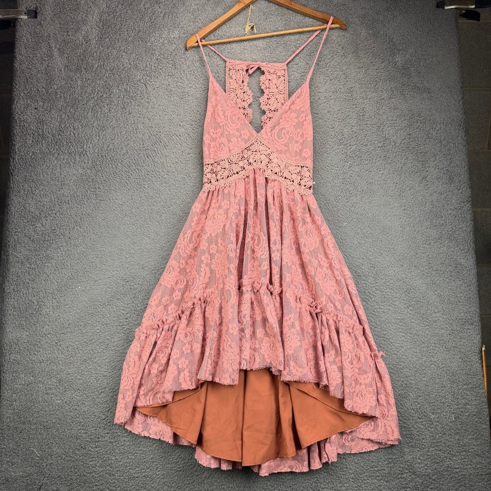 Joyfolie Womens XS Dusty Pink Lace High Low Boho Dress Crochet Back Ruffle Hem